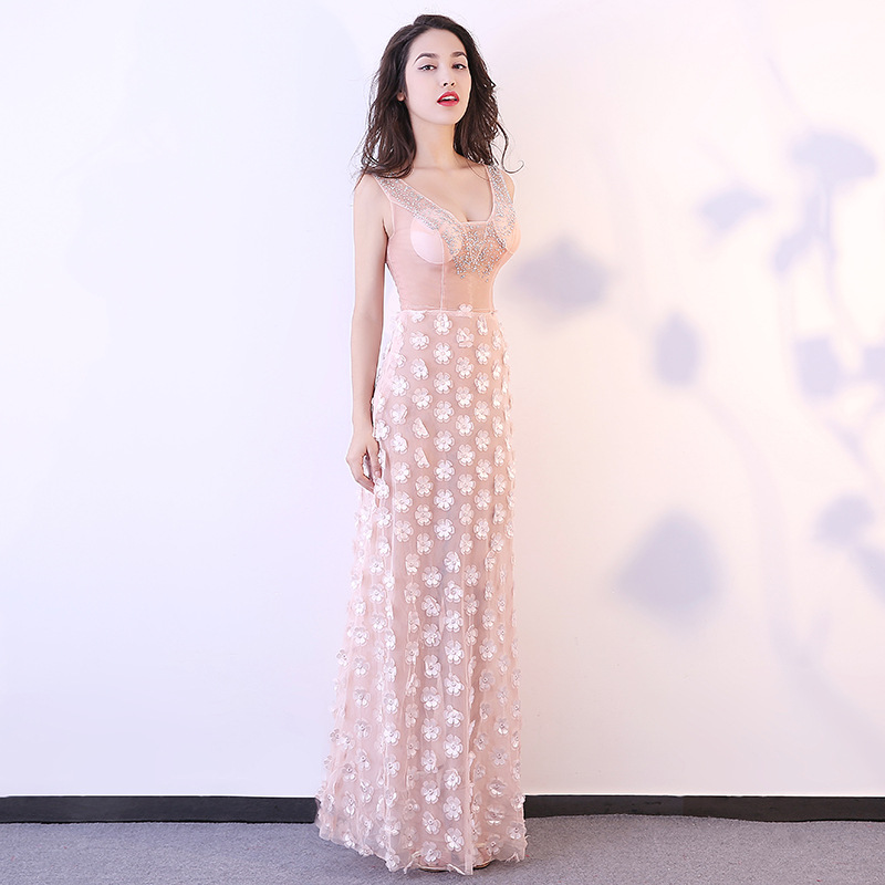 Pink Long Sexy See Through Dress For Women Real Silk Beads Floral 