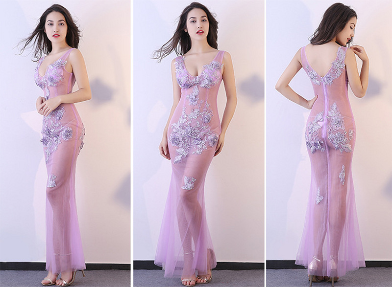 Light Violet Sexy Long Dress Real Silk Floral Embroidery See Through