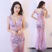 Light Violet Sexy Long Dress Real Silk Floral Embroidery See Through