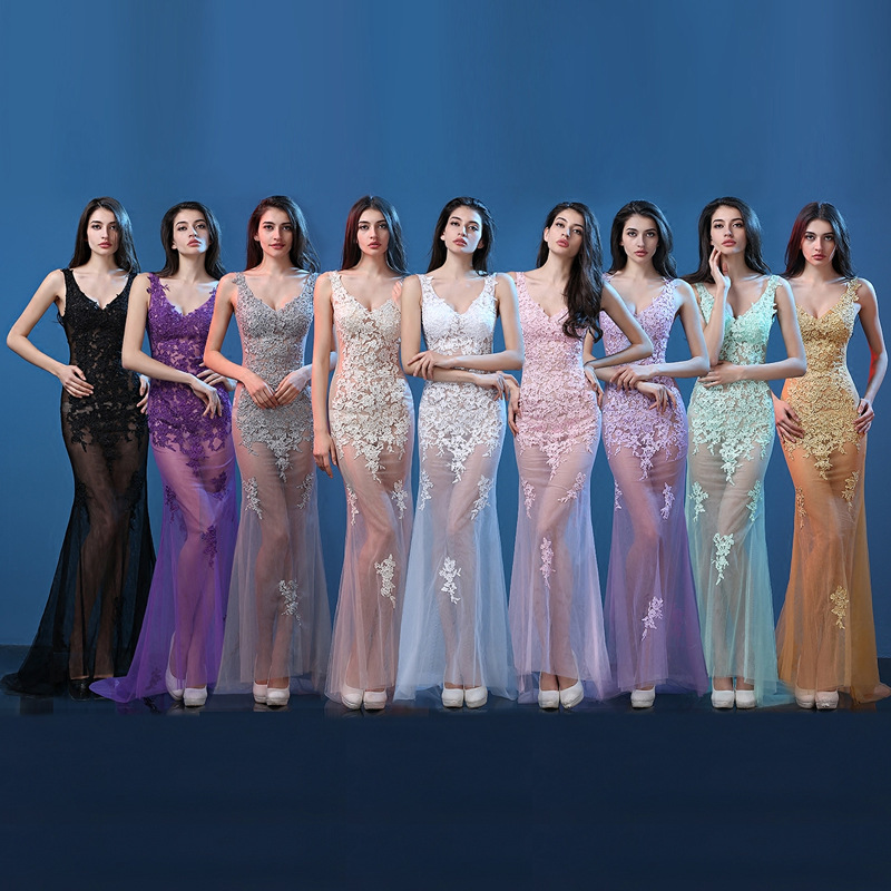 Sexy Mermaid Train Lace Silk Actress Dress Maxi Transparent