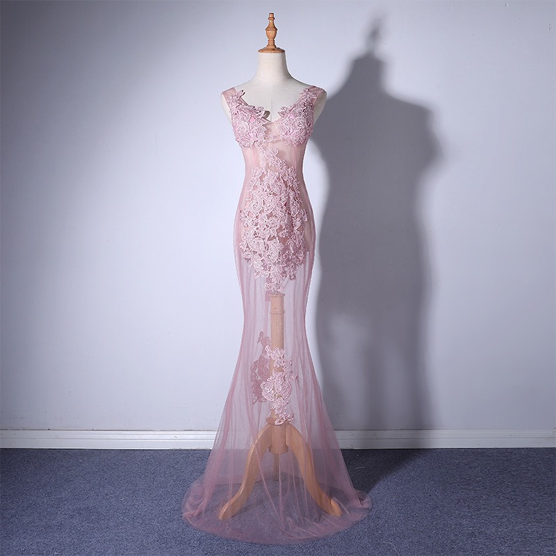 Pink Sexy Translucent Maxi Lace Dress For Women