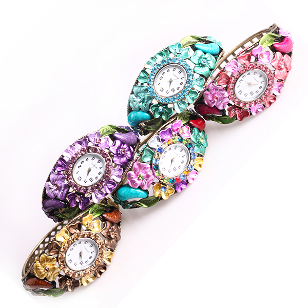 Stylish Flower Rhinestone Bangle Watch For Women