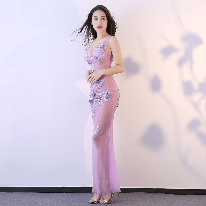 Light Violet Sexy Long Dress Real Silk Floral Embroidery See Through