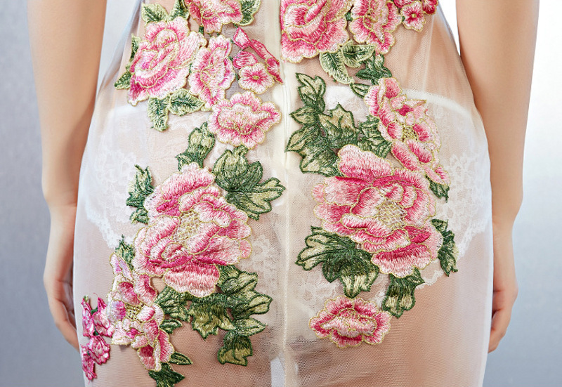 Sexy Transparent Floral Lace Silk Dress Maxi V-Neck Sleeveless