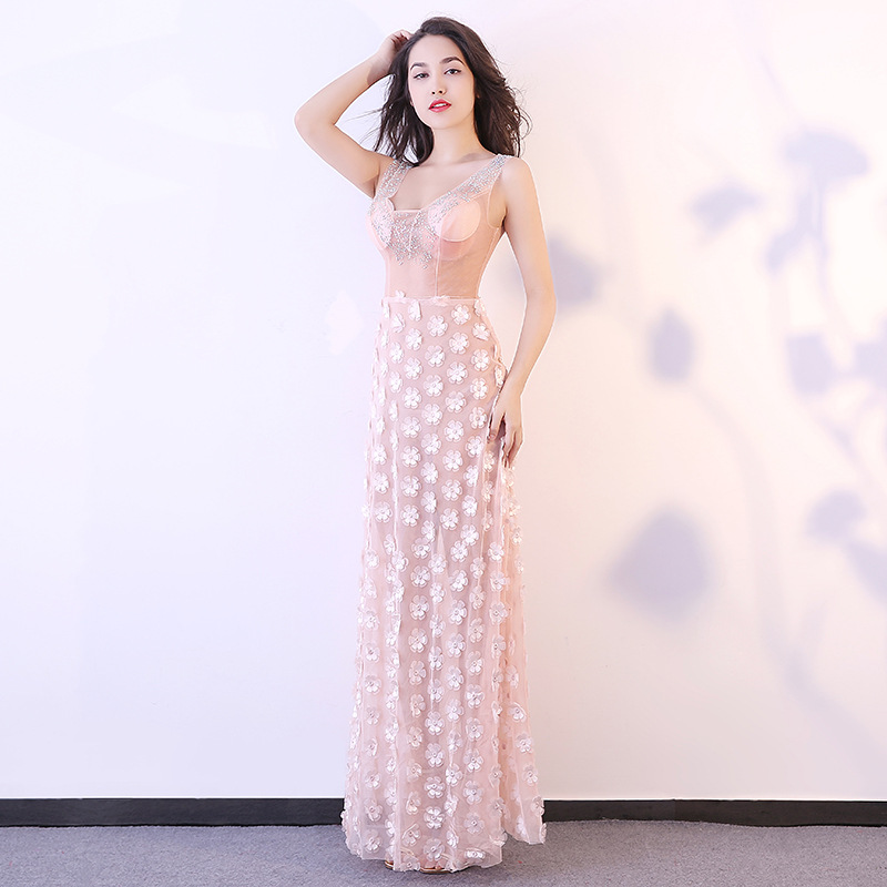 Pink Long Sexy See Through Dress For Women Real Silk Beads Floral 
