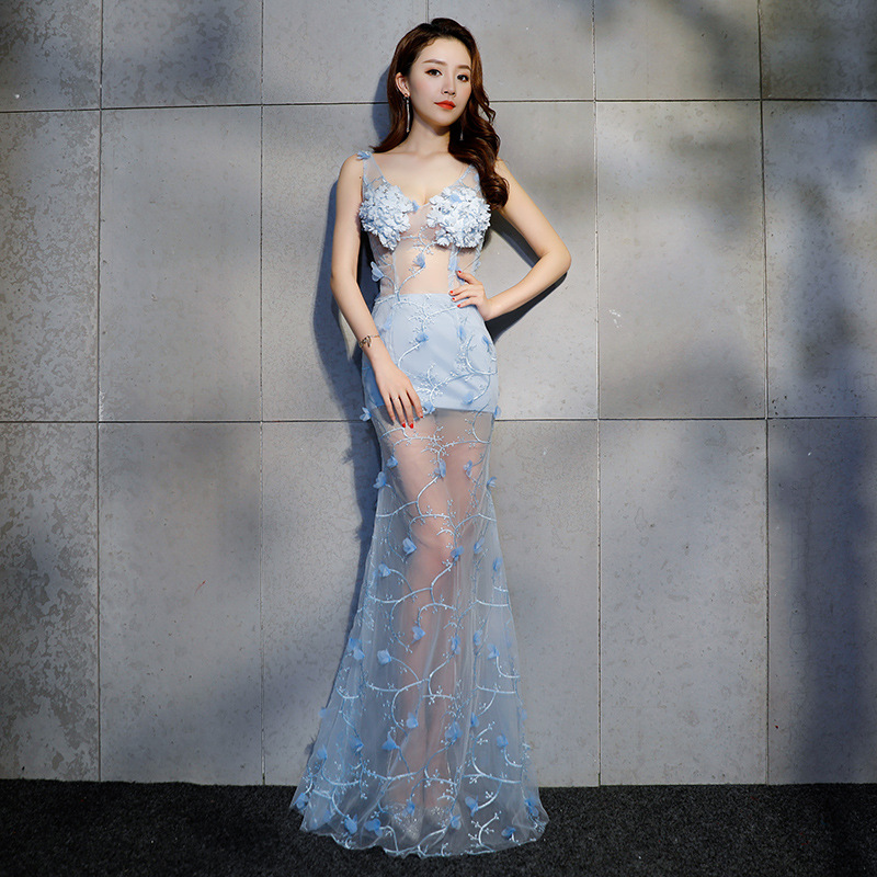 Light Blue Floor Length Sheer Sexy Mermaid Silk 3D Floral Lace Show Dress