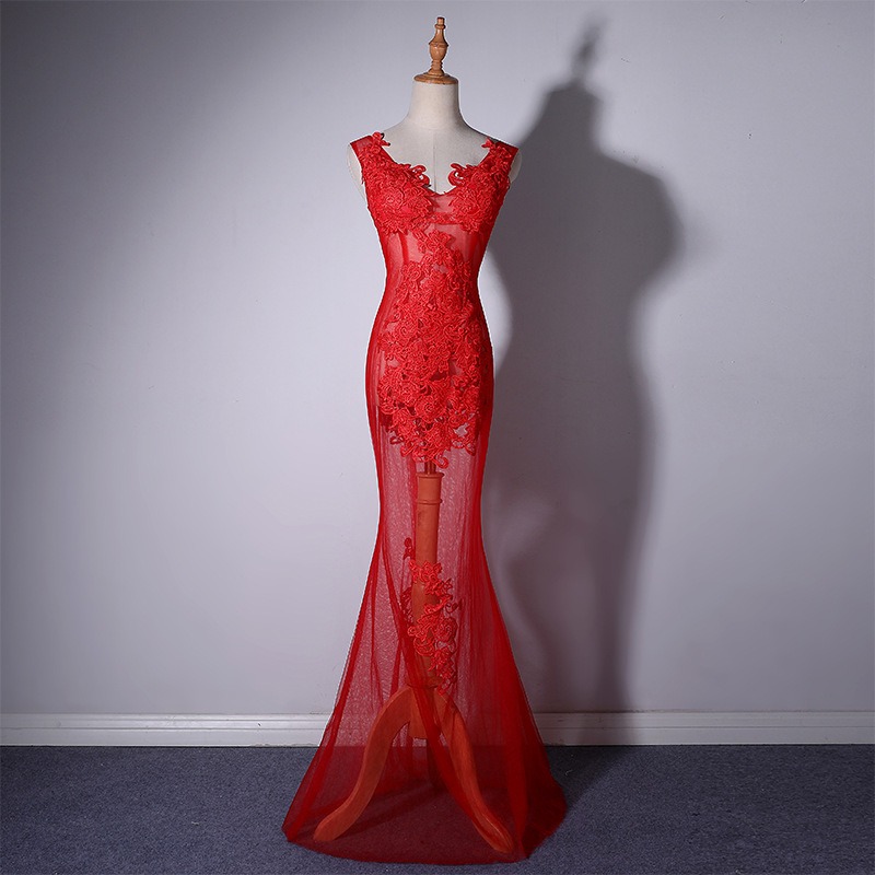 Red Sexy Translucent Maxi Lace Dress For Women