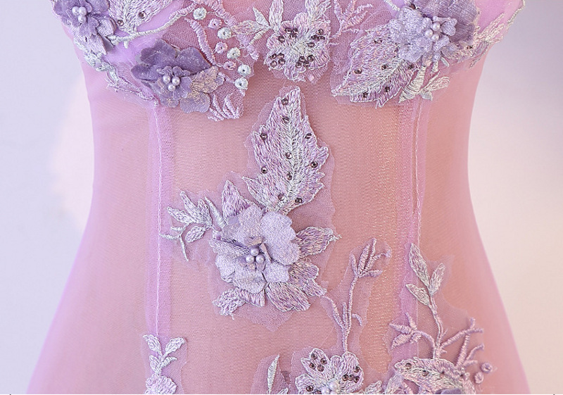 Light Violet Sexy Long Dress Real Silk Floral Embroidery See Through
