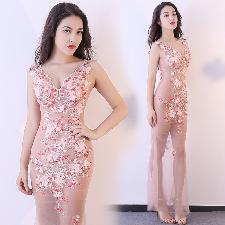 Sexy Transparent Maxi Real Silk Hostess Evening Dress, Floral Lace wholesale, custom logo printed