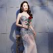 Sexy Transparent A-Line Silk Actress Dress Long Maxi Shiny Stones